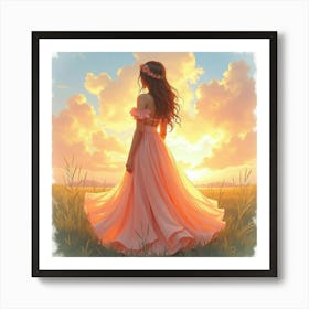 Charming Dress In Watercolor, With An Ethereal Sunset Sky 1 Art Print