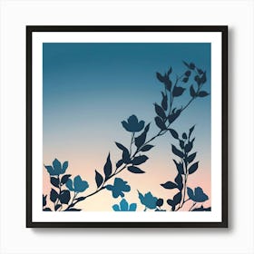 Blue Branches and Leaves with Gradient Background Art Print