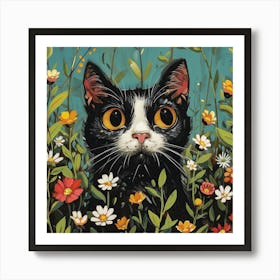 William Morris Inspired Peekaboo Flower Cat Art Print