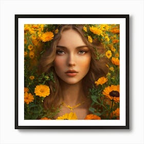 Portrait Of A Girl With Flowers 1 Art Print
