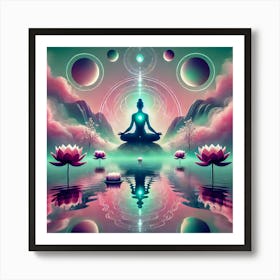 Surreal Meditation Art with Floating Figure and Lotus Flowers – Ethereal Spiritual Design Art Print