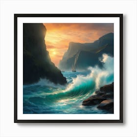 Ocean Scene Crashing Waves Blues Teals with ship and beautiful sunset Art Print