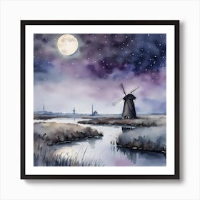 mill on the fens in moonlight Art Print