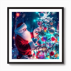 Santa Claus Decorating Christmas Tree Art Print