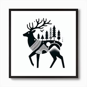 Scandinavian style, Silhouette of a deer with forest 1 Art Print