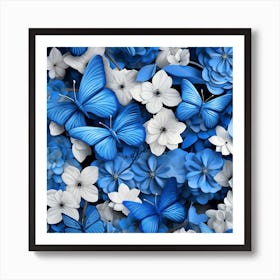 Blue Flowers And Butterflies 1 Art Print