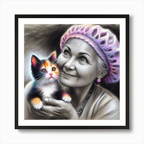 Old Lady With Kitten Art Print