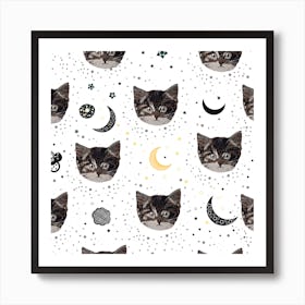 Cute Cats And Space Pattern Square Art Print