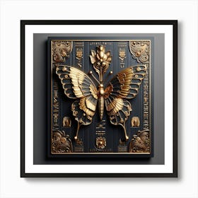 Ancient Egyptian Black & Gold Panel with Butterfly & Hieroglyphs II Art Print