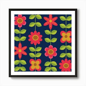 Mid Century Mod Retro Red Flowers with Leaves Art Print