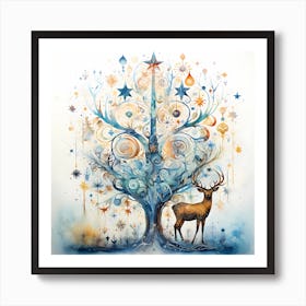 Holly Harmony: Christmas Deer in Fluid Splendor Art Print