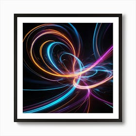 A dynamic and energetic abstract composition of glowing light trails in neon colors, swirling and overlapping in a dark background. The image should convey speed, energy, and a sense of modernity. 2 Art Print