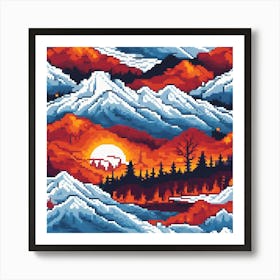 Pixel Art, A Landscape , Fire And Ice Coexist Representing The Balance Of Facing And Overcoming Adversitie Art Print