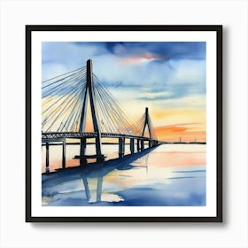 Accurate drawing and description. Sunset over the Arthur Ravenel Jr. Bridge in Charleston. Blue water and sunset reflections on the water. Watercolor.5 Art Print