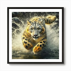 Snow Leopard Running In The Water Art Print