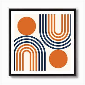Mid Century Modern Geometric in classy navy blue orange (Rainbow and Sun Abstract Design) 1 Art Print