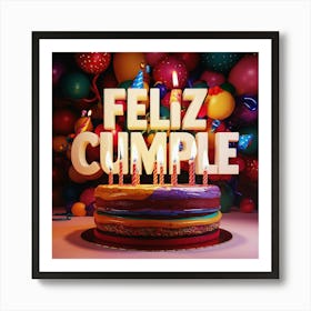 Feliz cumple and Feliz cumpleaños sign means Happy Birthday in Spanish language, Birthday party celebration gift with birthday cake candle colorful balloons best congratulation over light background wall artFeliz Cumple 28 Art Print