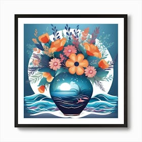 Flower Vase Decorated With Night Seascape, Blue And Orange Art Print