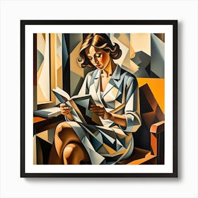 Woman Sitting in Chair and Reading Cubism Style Art Print