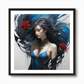 Woman With Red Roses Art Print