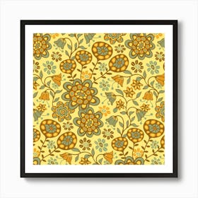 GARDEN WILD Boho Floral Cottage Botanical in Sage Green Brown Yellow Orange on Light Yellow Art Print