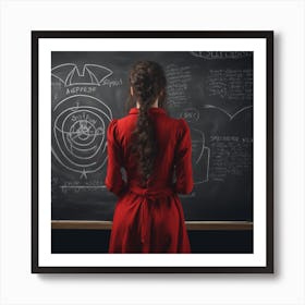 Girl In Red Dress In Front Of Blackboard Art Print