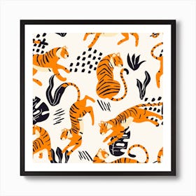 Tiger Pattern On White With Dark Tropical Leaves Decoration Square Art Print