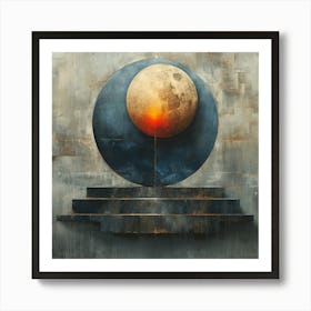  'Lunar Ascendancy', an evocative artwork that encapsulates the mystique of the celestial. A textured moon rises above geometric shapes, symbolizing the ascent of the cosmic against a backdrop of time-worn patina.  Celestial Mystique, Textured Moon Art, Geometric Cosmic.  #LunarAscendancy, #MoonArt, #CosmicDesign.  'Lunar Ascendancy' is an invitation to gaze beyond the terrestrial, offering a sophisticated and contemplative piece for any space. It's perfect for those who are drawn to the night sky, providing a fusion of astronomy and artistry that inspires wonder and introspection. Art Print