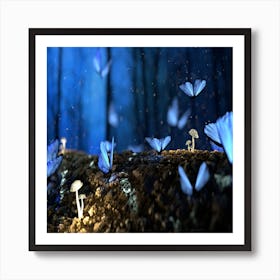 Blue Butterflies In The Forest Art Print