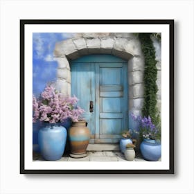 Blue wall. An old-style door in the middle, silver in color. There is a large pottery jar next to the door. There are flowers in the jar Spring oil colors. Wall painting.8 Art Print