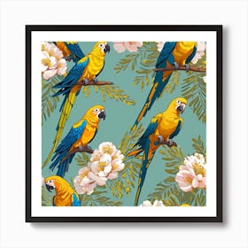 Seamless Pattern With Acacia Flowers And Parrots Vector 0 Art Print