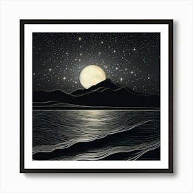 White moon in black starry night Art Print