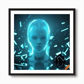 Craiyon 161338 Cinematic View Of Tron Character Shattering Apart Into Glowing Glass Fragments 1 Art Print