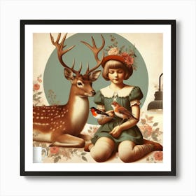 Little Girl And Deer 1 Art Print