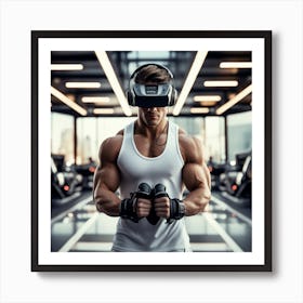 Alpha Male Model Working Out With Heavy Weight Machine, Wearing Futuristic Sonic Armor Exoskeletons And Vr Headset With Headphones Award Winning Photography With Sports Car Racing In Background Designed And Captu Art Print