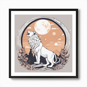 Sticker Art Design, Lion Howling To A Full Moon, Kawaii Illustration, White Background, Flat Colors, 1 Art Print