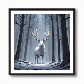 A White Stag In A Fog Forest In Minimalist Style Square Composition 44 Art Print