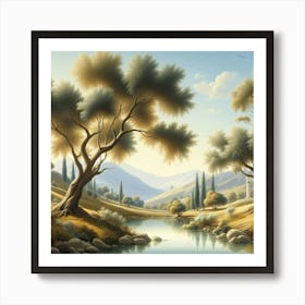 A Serene Landscape With Olive Trees And Rolling Hills (3) Art Print