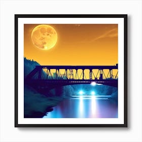Train Bridge At Night Art Print