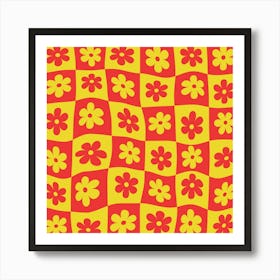 Warped Checkered Red and Yellow Retro Flowers Art Print