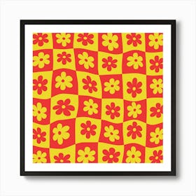 Warped Checkered Red and Yellow Retro Flowers Poster