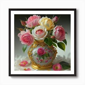 Antique fuchsia jar filled with purple roses, willow and camellia flowers 8 Art Print