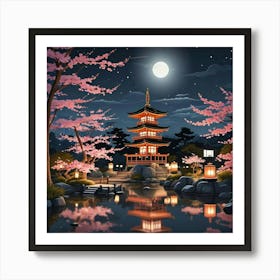 Japenese Pagoda Landscape With Moon Art Print (1) Art Print