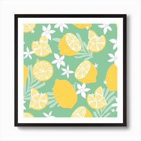 Lemon Pattern On Green With Flowers And Florals Square Art Print