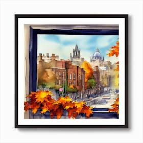 Autumn View From A Window Window View Of Dublin Ireland In Autumn Fall, Watercolor Art Print Art Print