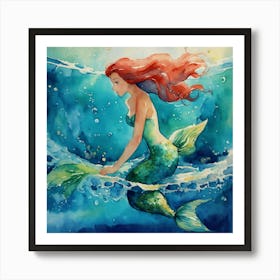 Painting The Little Mermaid Swimming In The Ocean Art Print