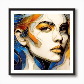 Portrait Of A Woman's Face - Stained Glass Effect In Golden Lines, Blue, Orange, and Yellow Colors With A Touch Of Abstraction With An Elegant Look. Art Print