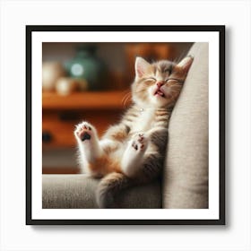 Kitten Sleeping On A Couch Cozy Art Print