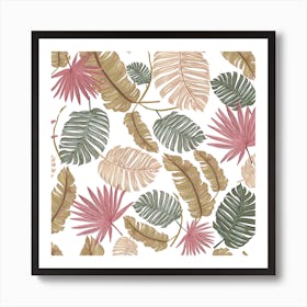 Nature Color Hand Drawn Tropical Leaves Pattern Square Art Print