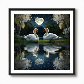 Two Swans In The Moonlight forming a heart love Art Print